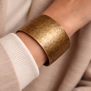 Vintage 1970s Hammered Brass Cuff Bracelet Wide Boho Statement